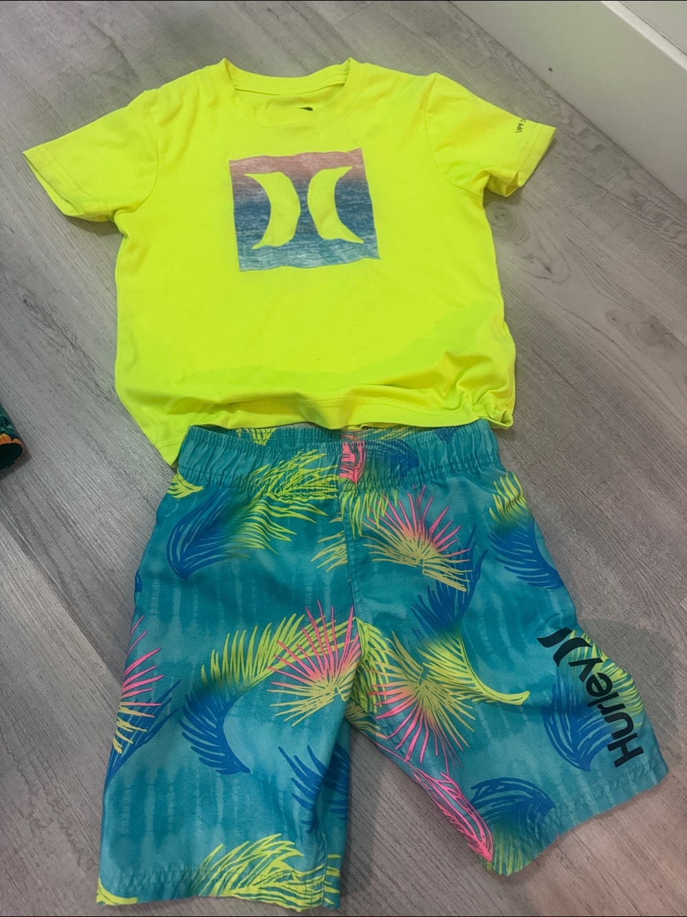 Hurley Teal Swim Shorts with Neon Yellow & Pink Palm Print